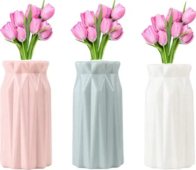 Obrázok produktu pre Plastové vázy, 3 kusy. Elegantný dizajn. Moderná dekoratívna váza na stôl. Plastová váza vhodná do interiéru, do spálne, obývačky, na balkón, ako dekorácia na stôl, na svadbu, do kuchyne alebo kancelárie (3 farby, 18*8,5 cm)