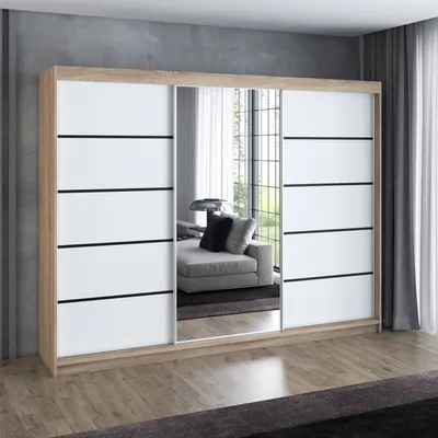 Produktbild von Schwebetürenschrank, 3-türig Schrank 200 cm mit 4 Schubladen, und Spiegel, Retrostil  Premum! Moderne Garderobe für Kleidung. Verschiedene Farben (Weiß, Schwarz, Somona) Kleiderschrank VILANO 2