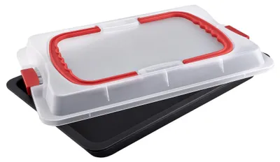 Productafbeelding van Dr. Oetker bakplaat met transportdeksel, BAKE & GO, ovenplaat met antiaanbaklaag, geschikt voor het bakken, taartplaat met deksel (kleur: zwart/transparant/rood)
