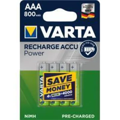 A retail package of Varta AAA rechargeable batteries.