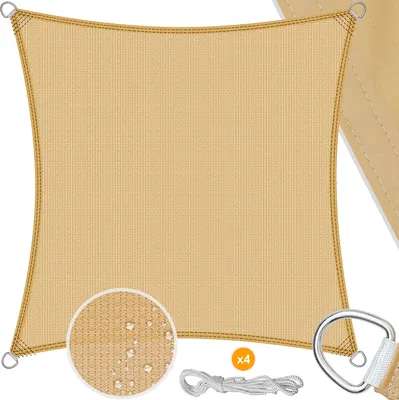 Image de KESSER® : Voile d'ombrage, protection solaire et coupe-vent | Tissu HDPE | Imperméable et résistant au vent | Coutures renforcées en 5 points pour une grande robustesse et stabilité. Idéal pour créer de l'ombre dans le jardin, sur le balcon ou la terrasse. Forme : Carré, Couleur : Sable, Dimensions : 2 x 2 mètres