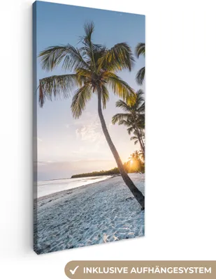 Produktbild von MuchoWow® - Leinwandbilder - Strand - Sonnenuntergang - Palme, Wandbild, Wanddeko Bilder Wohnzimmer, 20x40 cm