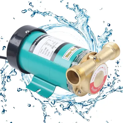 A green water pump with brass fittings, surrounded by splashing water effects.