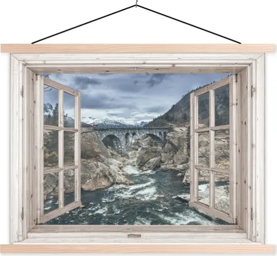 Produktbild von MuchoWow® Textilposter Aussicht - Brücke - Wasser 120x90 cm mit holzfarbenen Rahmen - Magnetisch