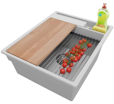 Produktbild von PRIMAGRAN Spülbecken Grau 43x53cm, Granitspüle 1 Becken + Ablauf-Set + Küchenzubehörset, Küchenspüle ab 45er Unterschrank - Oslo Pocket