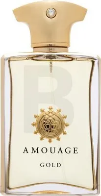 A close-up, front-facing shot of an Amouage Gold Man Eau de Parfum bottle.