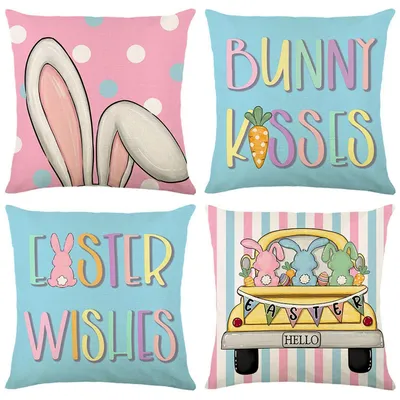 Productafbeelding van Set van 4 kussenhoezen, 40x40 cm, met paashaas- en automotief, polyester-linnen