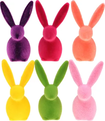 Produktbild von Bunt beflockte Osterhasen Dekofiguren Set 13cm, 6 Farben, 6 Stück