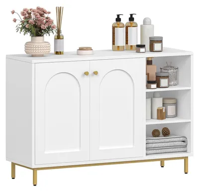 Image de Armoire de salle de bain, meuble de rangement, commode avec 2 portes, étagère ouverte et étagère réglable, dimensions : 35 x 100 x 75 cm, couleur : blanc et or