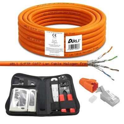Produktbild von ARLI 25 m Cat7 Verlegekabel + 10x RJ45 Netzwerkstecker + Werkzeugset Crimpzange LSA Tester Messer Abisolierer LSZH
