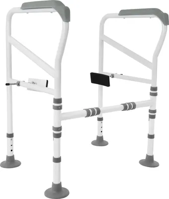 Produktbild von Toilettenstützrahmen für Senioren und Behinderte - Freistehende WC Sicherheitsgriffe - Höhenverstellbar 68,5–73,5 cm - Tragkraft 150 kg - Rutschfeste Armlehnen - Weiß