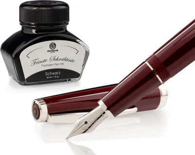 Produktbild von Füllhalter Set Cleo Skribent Classic Palladium Bordeaux, Patronen-Füllhalter und 30 ml Tinte Schwarz