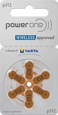 A blister pack of PowerOne 312 hearing aid batteries.