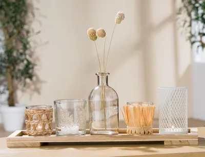 Deko-Set 6-tlg. mit Teelichthaltern, Tablett, Vase & Trockenblumen