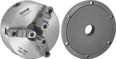 A metal lathe chuck and a mounting plate are shown on a white background.