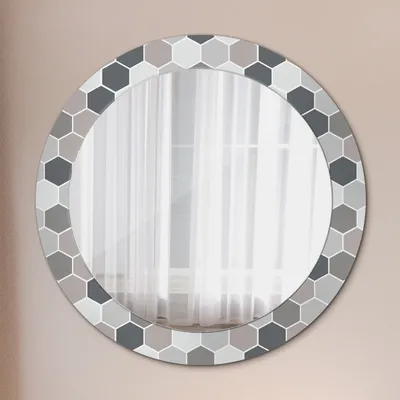 Produktbild von Ø70cm Spiegel - Glasrahmen mit Aufdruck - Wandspiegel Schlafzimmer - Sechseck Muster