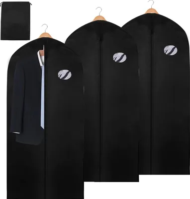 Produktbild von 3 Stück Kleidersack für Kleidung schwarz 128 x 60 cm - mit Schuhentasche - Kleiderhüllen - Kleidung aufbewahren Zubehör - Schutzbezug Kleidung