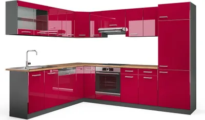 Produktbild von Eckküche Vicco R-Line Rot Hochglanz/Anthrazit 287 x 60 cm , AP Eiche, Model 43023