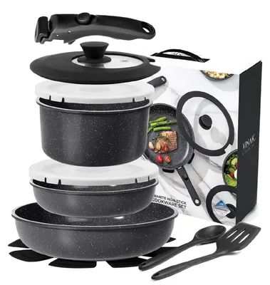 11-teilige Pfannenset mit abnehmbarem Griff, Antihaft, 26+20+18 cm