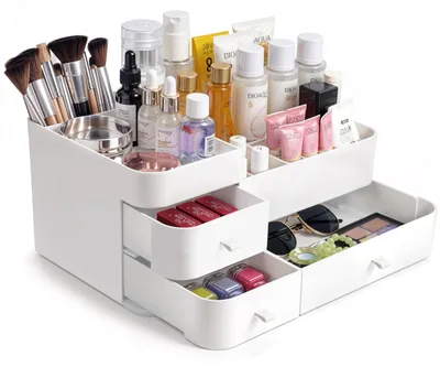 Immagine prodotto di Organizzatore per trucchi girevole - Grande espositore - Beauty case - Molti scomparti - 3 cassetti - 34 x 24 x 16 cm