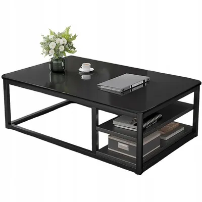Zdjęcie produktu dla Stolik Kawowy Nowoczesny Ława Z Półkami Pokój Salon Duży Czarny Loft 120 Cm