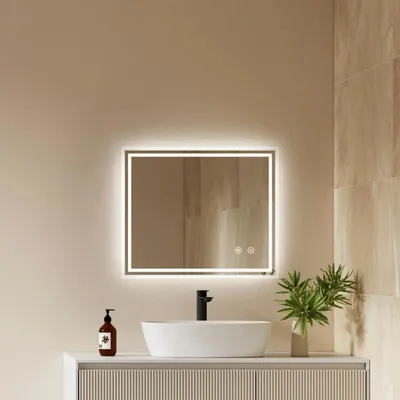 Immagine prodotto di Specchio da bagno LED EMKE, 60x50 cm. Specchio da bagno con illuminazione, luce bianca fredda, specchio illuminato per il bagno, specchio da parete con interruttore touch, antiappannamento