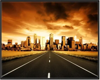 Produktbild von Wallario Wandbild Skyline am Ende der Straße, Größe: 40,30 x 50,30 cm, Poster mit schwarzem Aluminiumrahmen