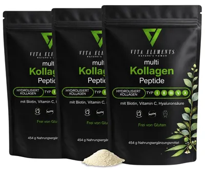 Productafbeelding van Vita Elements Multicollageen Poeder Set van 3 454g Gewrichten Hyaluronzuur Biotine Voedingssupplement, AI-gegenereerde afbeelding