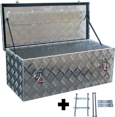 Produktbild von Edelstahlhaus Aluminium Deichselbox 75 Liter S075, 780x340x300mm (BxTxH), mit Deckel, inkl. Montagesatz MON2012, vollständig verschweißte Außennähte, für V-Deichsel PKW-Anhänger bis Zuggabel 85x170mm