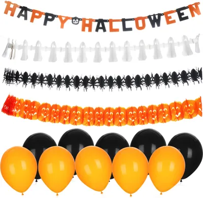 Produktbild von COM-FOUR® 14-teiliges Set aus Girlanden, Luftballons und Buchstabengirlande, Hängedeko-Set für Halloween, Geburtstag, Motto-Party