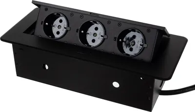 A black pop-up power outlet with three sockets, designed to be installed in a tabletop.