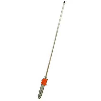 A pole saw attachment with an orange casing and a silver pole against a white background.