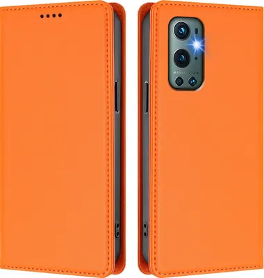 Image de Etui en cuir pour OnePlus 9 Pro, étui magnétique en cuirPolyuréthaneavec support Orange