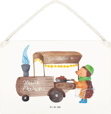 Produktbild von Mr. & Mrs. Panda Schild Igel Maronen DIN A4 - Weiß - Geschenk, wandtafel, Holzschild, wandhänger, kleine aufmerksamkeit, Kastanien, Weihnachten, Weihnachtsmarkt, Duft