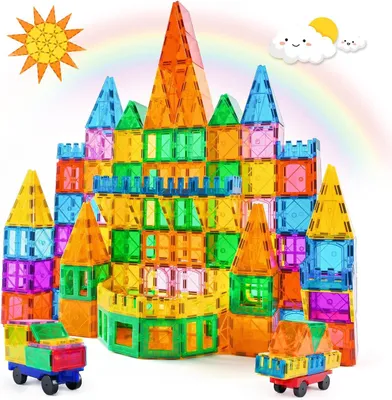 Produktbild von Magnetische Bausteine, 100PCS Magnetbausteine Set mit 2 Autos STEM Montessori Magnet Spielzeug Kinder für Geschenk