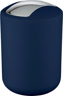 A dark blue trash can with a silver lid.