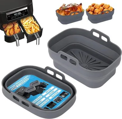 Produktbild von Famanu Silikon-Formen für Air Fryer - 2 Stück, wiederverwendbare Frittierkörbe, faltbar, grau