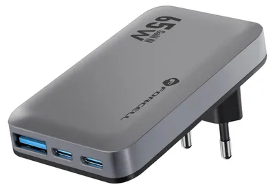 Imagen del producto de Forcell, cargador de pared GaN de 65W con 2 puertos USB-C + USB, carga rápida, diseño delgado, color gris