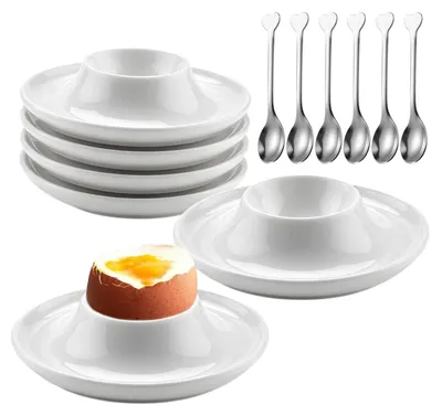 6er-Set runde Porzellan-Eierbecher mit Ablage und Löffel, 9,5 cm