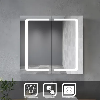 Zdjęcie produktu dla Szafki lustrzane SONNI ze stali nierdzewnej 70x65x13cm z przełącznikiem LED z gniazdem golarki