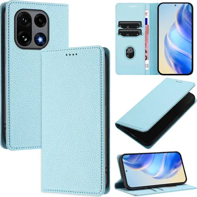 Produktbild von Litchi Leder Handyhülle für OnePlus 15 Wallet Kartenfächer Standfunktion Hülle Hellblau