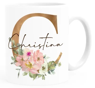 Produktbild von Kaffee-Tasse mit Namen personalisiert Anfangsbuchstabe Initiale Monogram Blumen persönliche Geschenke SpecialMe® weiß Keramik-Tasse
