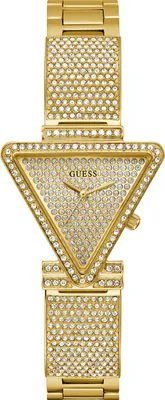 A close-up, studio shot of a gold-colored Guess watch with crystal embellishments.