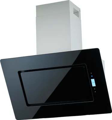 A modern black and stainless steel range hood with a white chimney extension, photographed against a white background.
