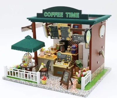 Image de Habarri | Maison Miniature - DIY Maison de Poupées - Maison en Bois avec Meubles et éclairage LED - Cadeau pour Enfants - L'Heure Du Café