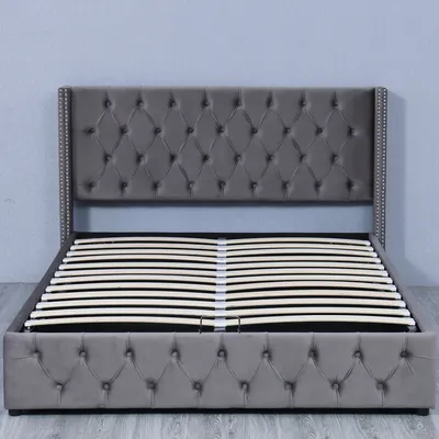 Produktbild von Flieks Polsterbett 140x200cm mit Lattenrost, Hydraulisches Boxspringbett mit Bettkasten und Stauraum, Samt Doppelbett Stauraumbett Funktionsbett, Grau