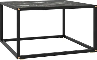 A black metal frame coffee table with a black marble-look top.