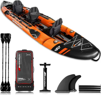 Produktbild von SKINHAWK 3ER EXCLUSIV KAJAK KAUFEN 480 x 96 CM ORANGE – Set mit Alu-Paddel