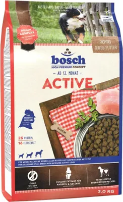 Produktbild von bosch Tiernahrung Active, Adult, jede Rasse, Riese (≥45 kg), Groß (26-44 kg), Mittelgroß (11-25 kg), Klein (5-10 kg), Mini (≤4 kg), Huhn, 3 kg