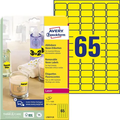 Obrázek produktu pro Avery Zweckform - Snímatelné lepidlo - Neonově žlutá - 38,1 x 21,2 mm 1625 štítků (25 listů x 65) štítků